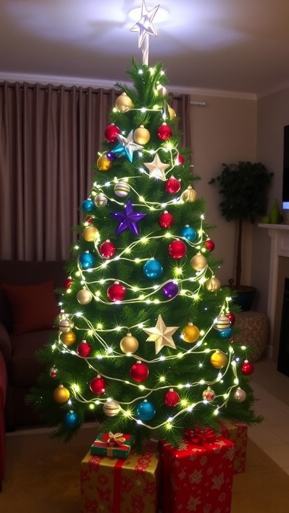 A small Christmas tree decorated with lights and ornaments in a cozy living room.